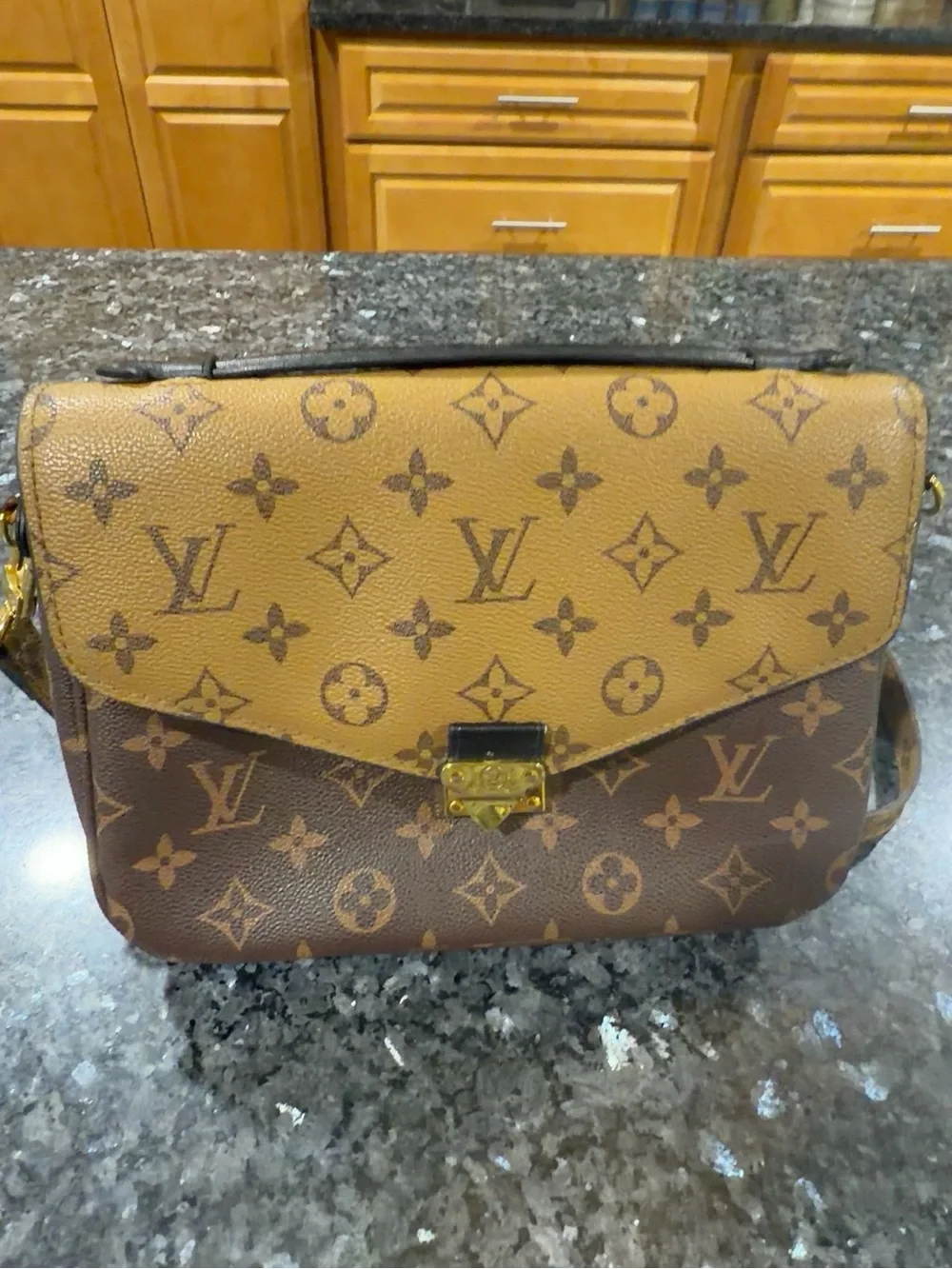 Title: Brown & Tan Monogram Crossbody Shoulder Bag with Gold-Tone Hardware  Styl